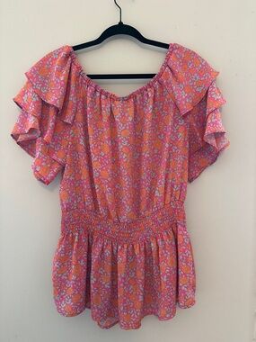 Alice Blue Pink & Orange Floral Ruffle-Sleeve Smocked Top
